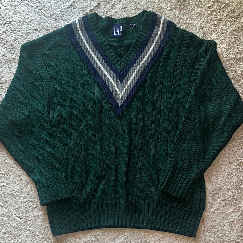 GAP Forest Green V-Neck Sweater with Stripes